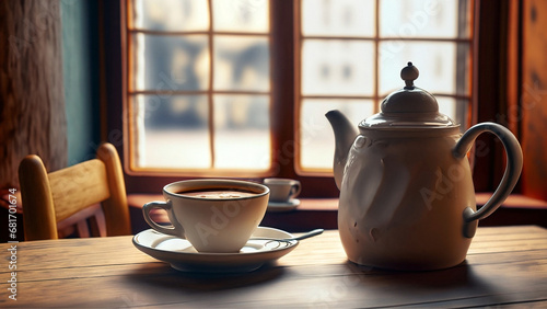 Uma xícara com café e um bule de louça sobre uma mesa ao lado da janela de bistrô muito aconchegante. photo