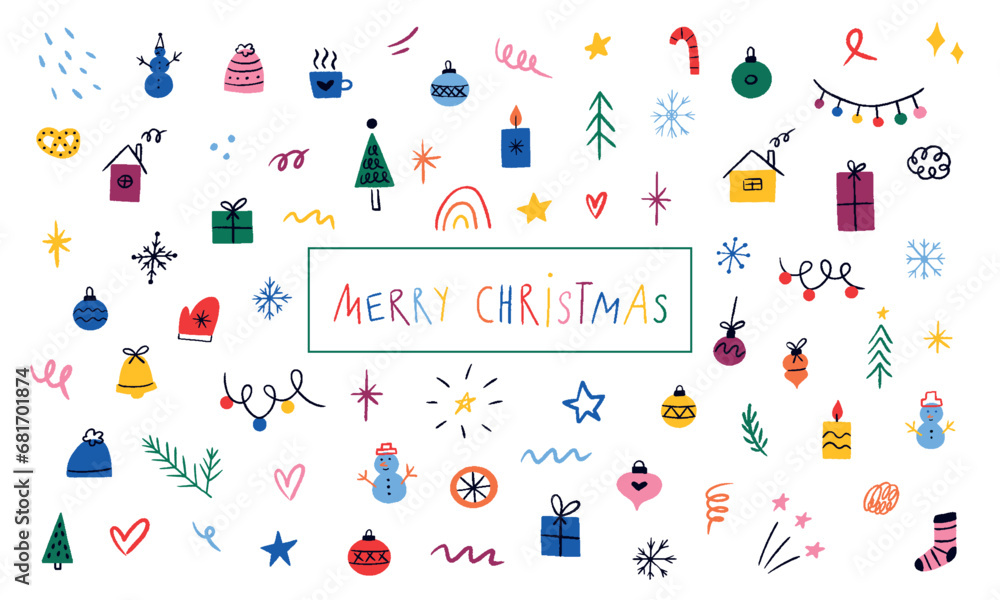 Hand drawn set Christmas decorative elements. New year doodles for banners, greeting cards, wrapping paper, invitations