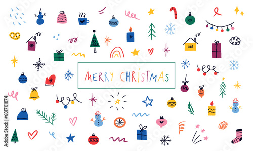 Hand drawn set Christmas decorative elements. New year doodles for banners, greeting cards, wrapping paper, invitations © Animado
