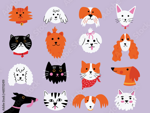 Set of pets, domestic animals heads in cartoon style. collection of cats and dogs vector illustrations in groovy colorful bold design 