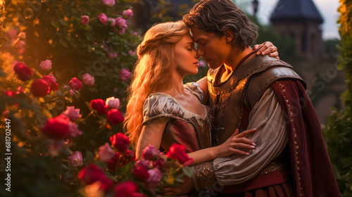 Knight and princess embrace in rose garden, fairy tale scene.