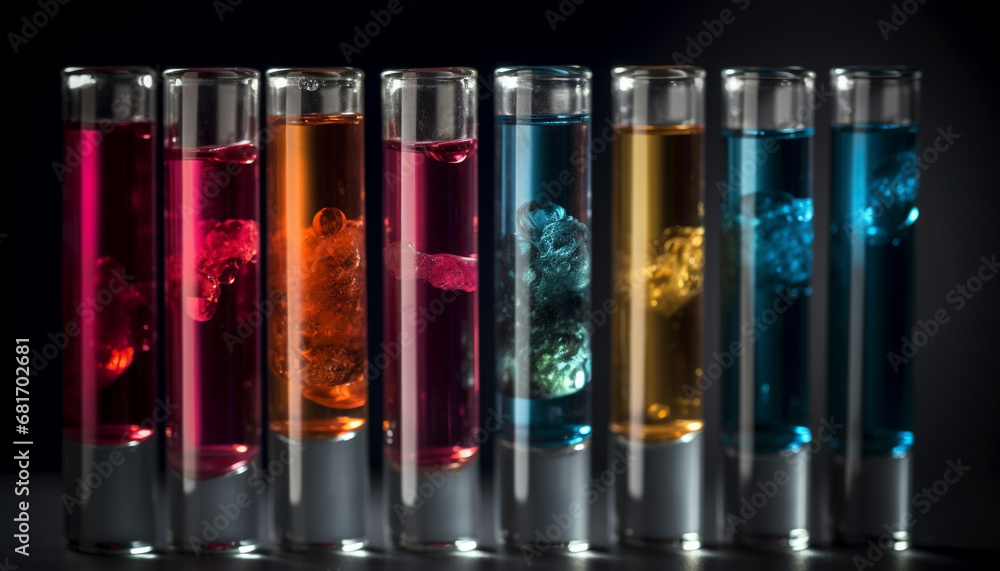 Blue liquid drop illuminates shiny glass in scientific experiment discovery generated by AI Blue liquid drop illuminates shiny glass in scientific experiment discovery generated by AI