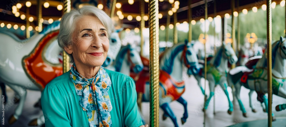 Senior woman on a carousel. Generative AI
