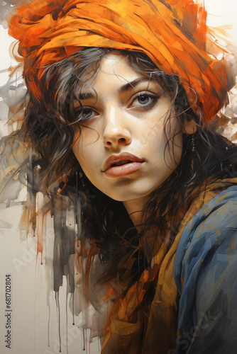 Colorful charcoal sketch female portrait