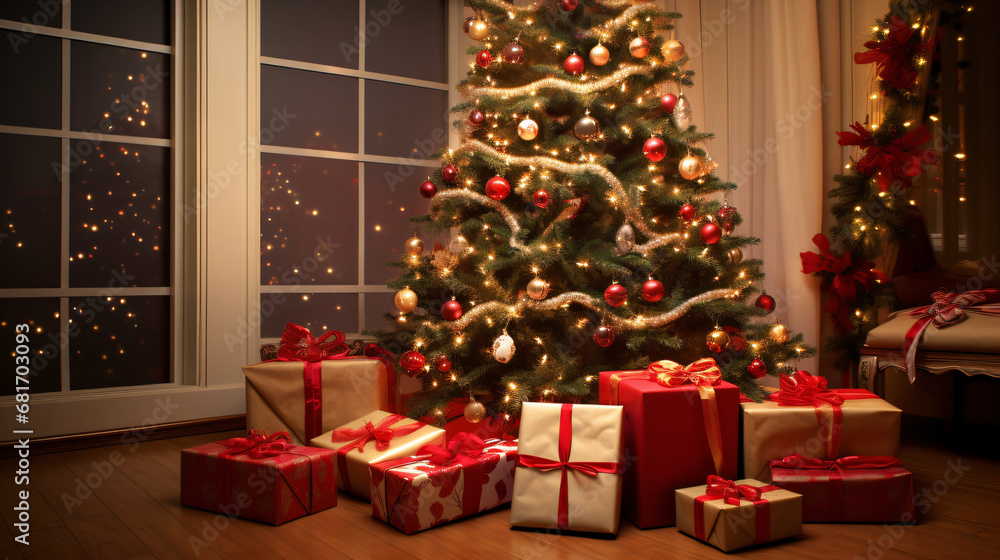 Christmas tree in living room with presents under the tree, holiday season, gift giving