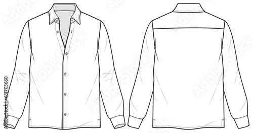 Men's long sleeves regular fit formal shirt flat sketch illustration with front and back view, Woven shirt for formal wear and casual wear fashion illustration template mock up