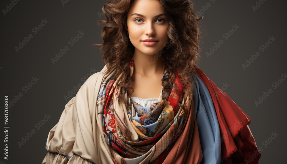 Fototapeta premium Beautiful woman with curly brown hair, smiling confidently at camera generated by AI
