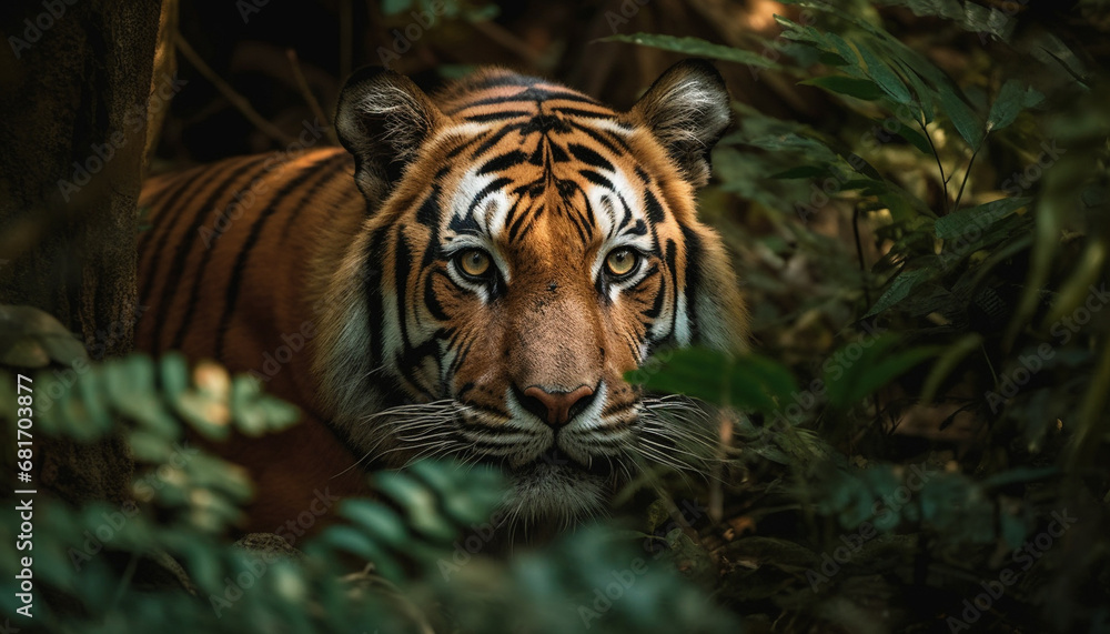 Bengal tiger staring, majestic and dangerous in the wilderness area generated by AI Bengal tiger staring, majestic and dangerous in the wilderness area generated by AI