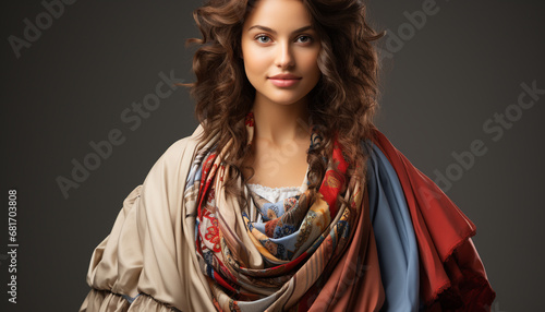 Beautiful woman with curly brown hair, smiling confidently at camera generated by AI
