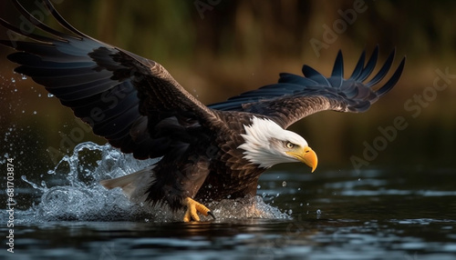 Bald eagle spreads wings, catches fish in tranquil blue water generated by AI