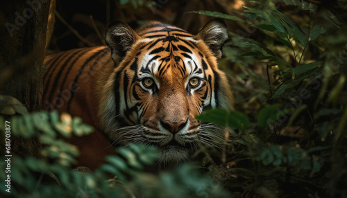 Bengal tiger staring, majestic and dangerous in the wilderness area generated by AI