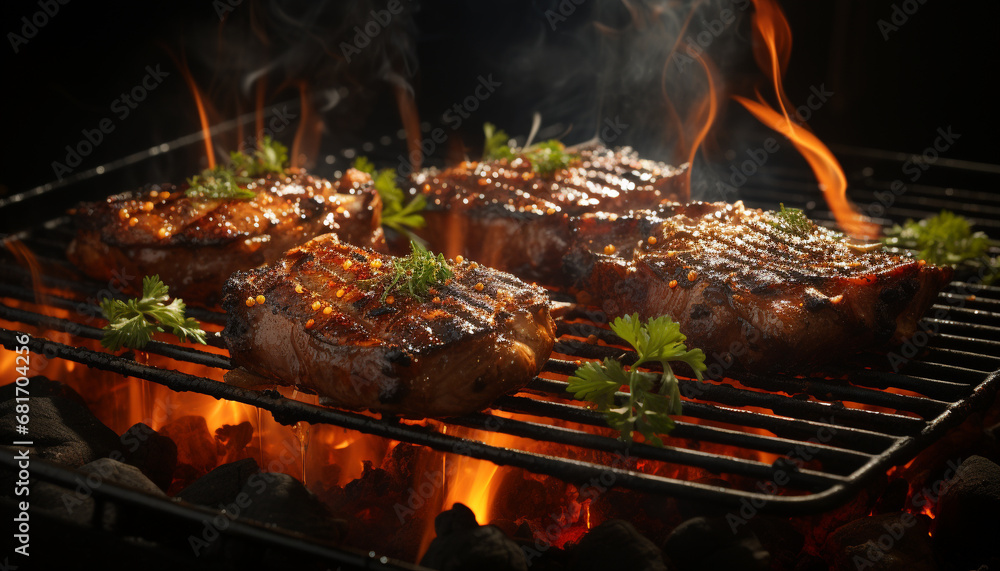 Grilled steak, flame cooked, ready to eat, juicy and delicious generated by AI Grilled steak, flame cooked, ready to eat, juicy and delicious generated by AI
