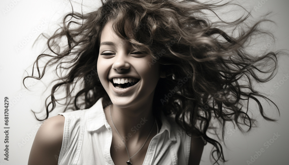 Smiling woman with long brown hair radiates beauty and happiness generated by AI