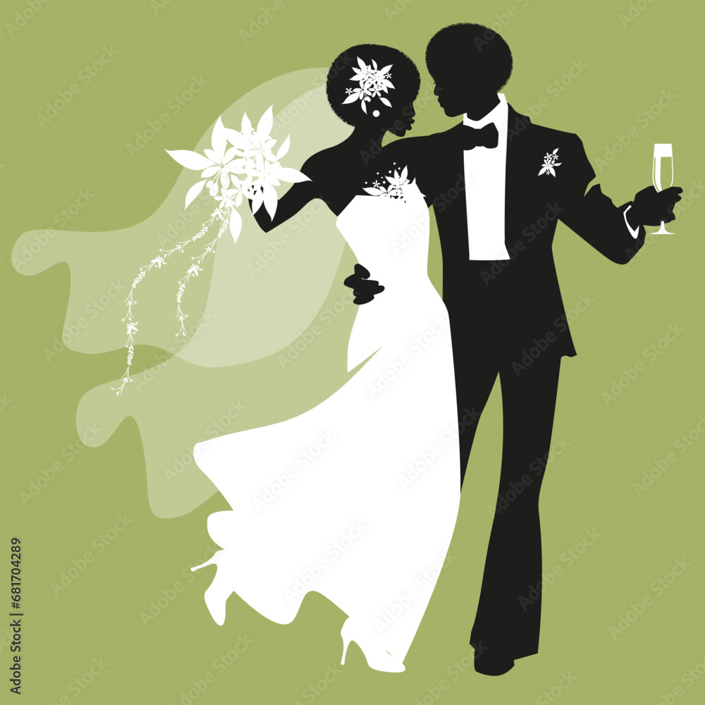 custom made wallpaper toronto digitalSilhouettes of elegant wedding couple dancing funk, soul or disco music. Bride wearing long dress, bouquet, and flowers on head, groom wearing tailcoat.