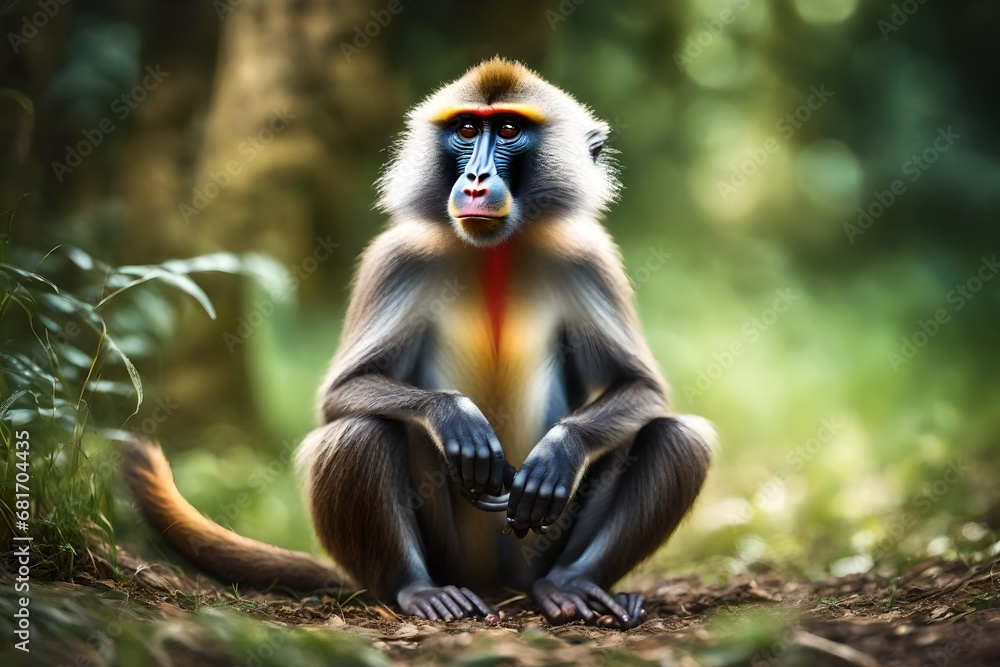 mandrill monkey sitting in grass