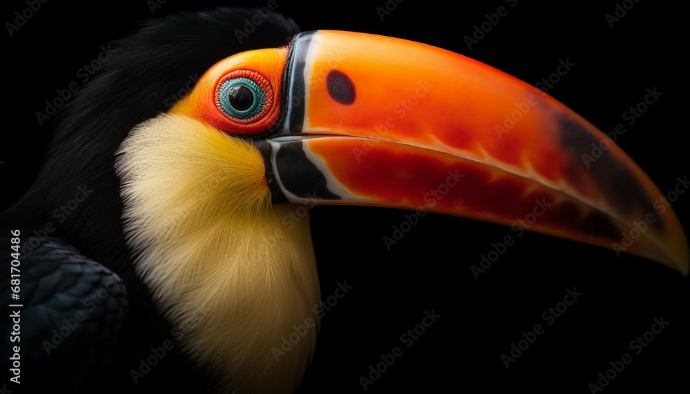 Fototapeta premium Toucan perching on branch, vibrant multi colored beauty in nature generated by AI