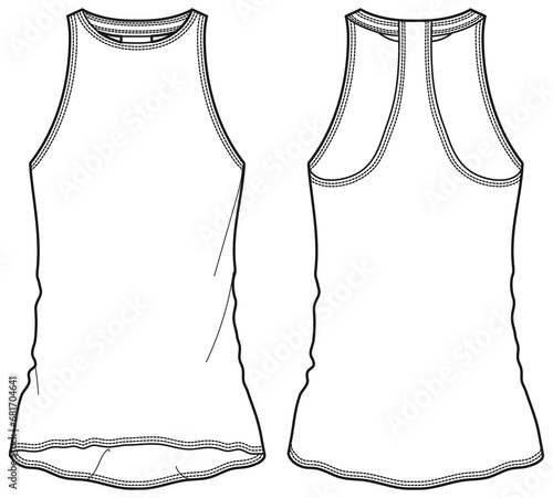Women's sleeveless racer back loose fit Tank top vest flat sketch fashion illustration drawing template mock up with front and back view