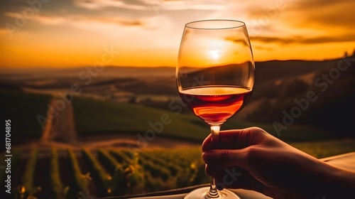 Hand holding glass of red wine during sunset