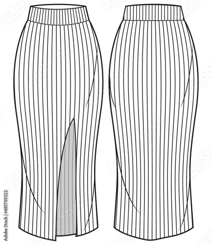 Women's Rib knit bandage Skirt flat sketch vector illustration front and back view, front slit column skirt technical cad drawing vector template mock up