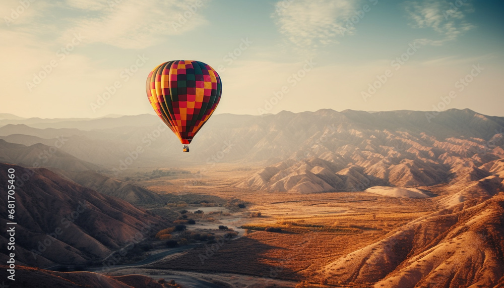 Obraz premium Men flying hot air balloon over mountain range, extreme adventure generated by AI