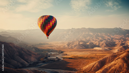 Men flying hot air balloon over mountain range, extreme adventure generated by AI © Jeronimo Ramos