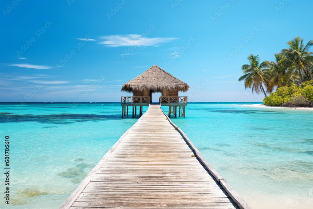 A heavenly paradise on a southern island. A dream destination for holidays and vacations. Tropical beaches, white sands, horizons and wooden piers with wooden decks greet you on your journey.