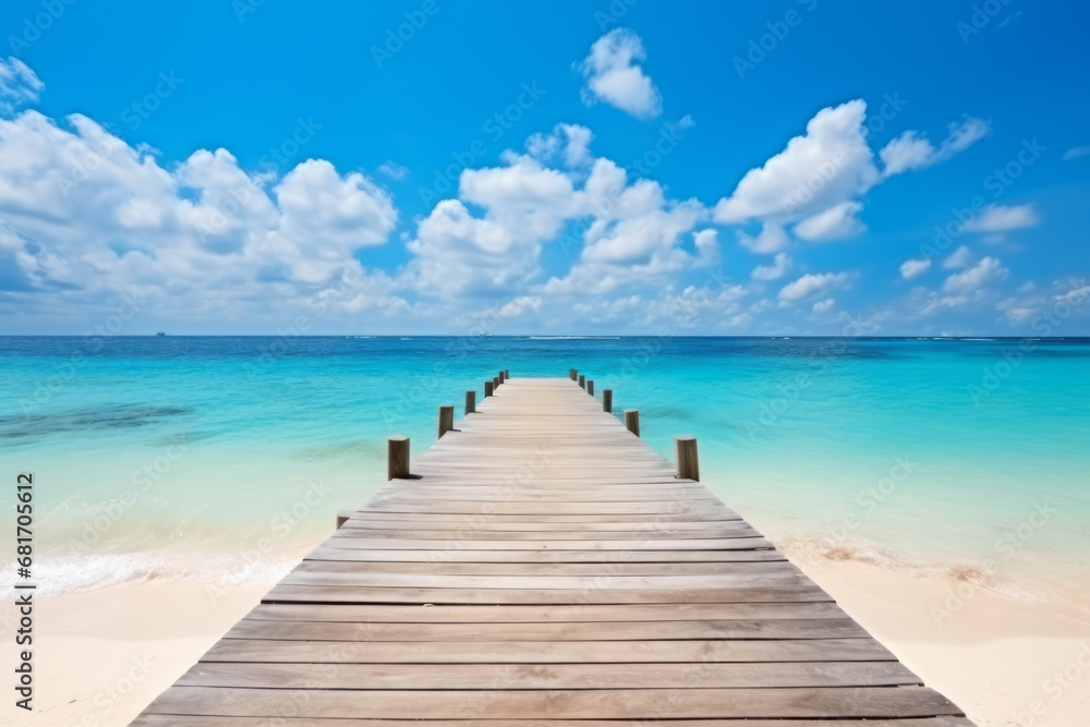 Fototapeta premium A heavenly paradise on a southern island. A dream destination for holidays and vacations. Tropical beaches, white sands, horizons and wooden piers with wooden decks greet you on your journey.