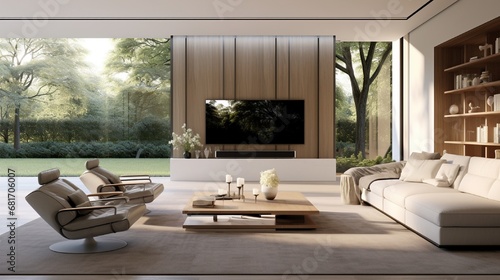 A modern  minimalist living room featuring sleek  white furniture  a large flat-screen TV  and floor-to-ceiling windows that offer a panoramic view of a serene  landscaped garden outside.