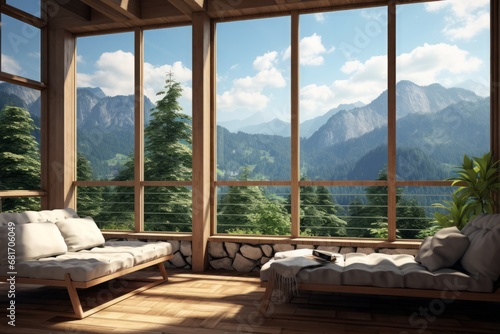 Mountain house with mountain view from panoramic window, scenic overlook © DK_2020