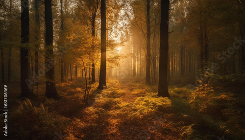 Sunlit forest path glows with autumn vibrant mystery and beauty generated by AI