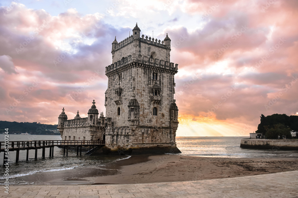 panoramic view of the belem tower in Lisbon Portugal with sunset and empty