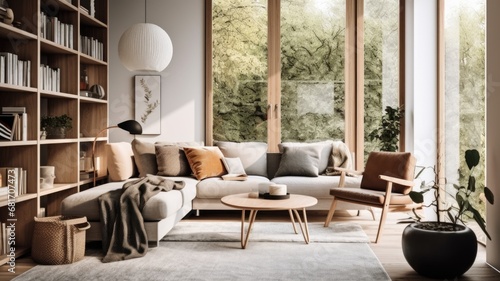 Living room decor, home interior design . Scandinavian Minimalist style with Large Window decorated with Wood and Concrete material . Generative AI AIG26. photo