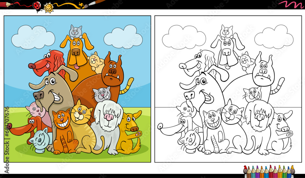 Fototapeta premium cartoon cats and dogs animal characters group coloring page
