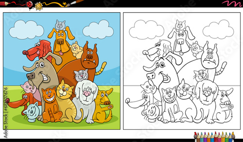 cartoon cats and dogs animal characters group coloring page