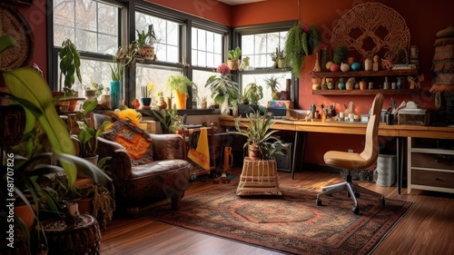 Inspiring office interior design Bohemian style Creative space featuring Eclectic decor architecture. Generative AI AIG 31. © Summit Art Creations