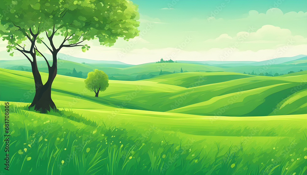 Fototapeta premium Spring tree in the countryside with a green meadow on the hills with blue sky