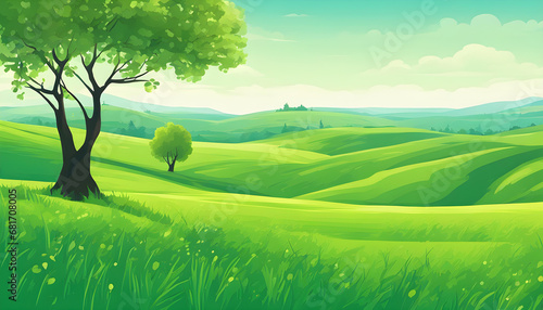 Spring tree in the countryside with a green meadow on the hills with blue sky