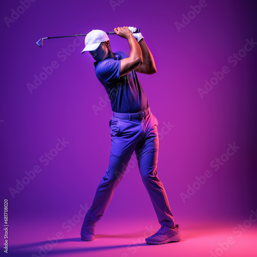 Streetwear Golf player mid-shot, purple gradient background