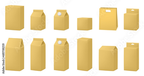 Gold boxes for dairy products. Blank cardboard package boxes mockup. Box set. Set of juice or milk cardboard package. Vector mockup set. Realistic carton package with cap. Hanging hole. Shopping bag