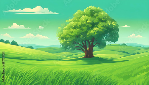 Spring landscape in the countryside with a green meadow on the hills with blue sky.