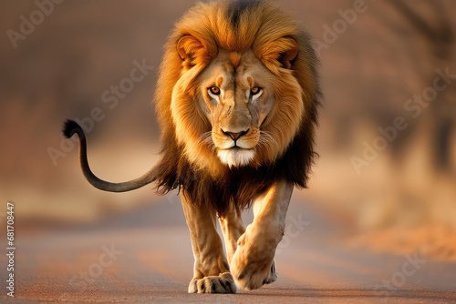 A stunning photograph capturing a majestic lion in the golden light of the savannah. The image showcases the grace and power of the lion, creating a visually captivating and aesthetic wildlife momen