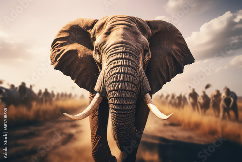 A stunning golden hour photograph of a herd of elephants walking across a vast savannah, bathed in warm golden light. The soft glow and majestic presence of the elephants create a captivating and aest photo