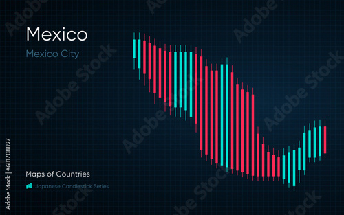 Mexico map is shown in a chart with bars and lines. Japanese candlestick chart Series	