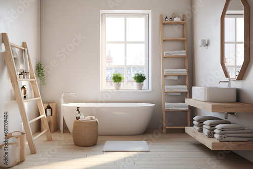 Bright  airy bathroom with a freestanding tub  wooden details  and a city view through a window  exuding serene comfort. Scandinavian interior