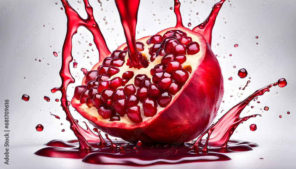 Big slice of fresh pomegranate fruit floating and rippling on a lake of pomegranate juice