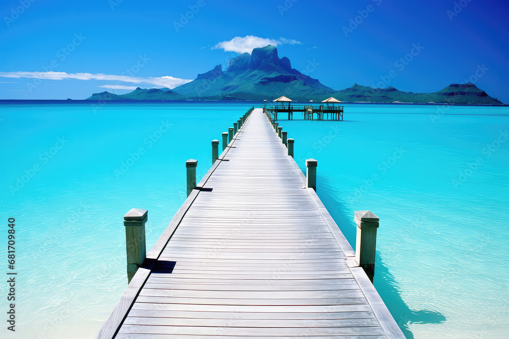 A captivating photograph showcasing the iconic overwater bungalows, crystal-clear lagoons, and lush tropical landscapes of Bora Bora. This idyllic paradise offers relaxation, water sports, and the cha