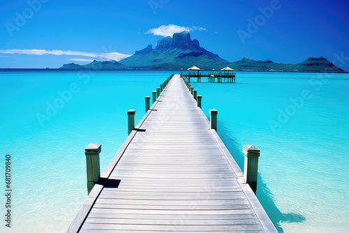 A captivating photograph showcasing the iconic overwater bungalows  crystal-clear lagoons  and lush tropical landscapes of Bora Bora. This idyllic paradise offers relaxation  water sports  and the cha