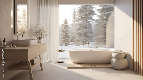 Scenic winter bathroom with a modern bathtub  wooden details  and a picturesque snowy forest view  offering a peaceful ambiance. Scandinavian interior