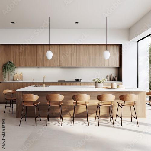 Minimalist interior design of kitchen with island, dining table and chairs.