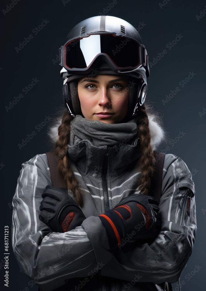 Beautiful young woman with a ski helmet and goggles on a dark background. Generative AI. Beautiful young woman with a ski helmet and goggles on a dark background. Generative AI.